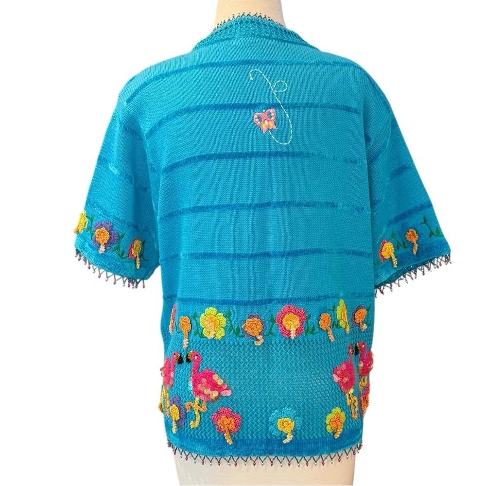 Berek Blue Art to Wear Hand Knitted Embellished Cardigan Sweater Rare Large VTG - Picture 4 of 16